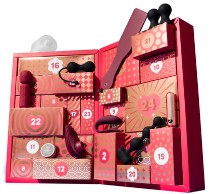 Geöffneter Magic Shiver Couples Adventskalender 2026 mit sichtbaren Premium-Toys, Accessoires und Geschenkboxen