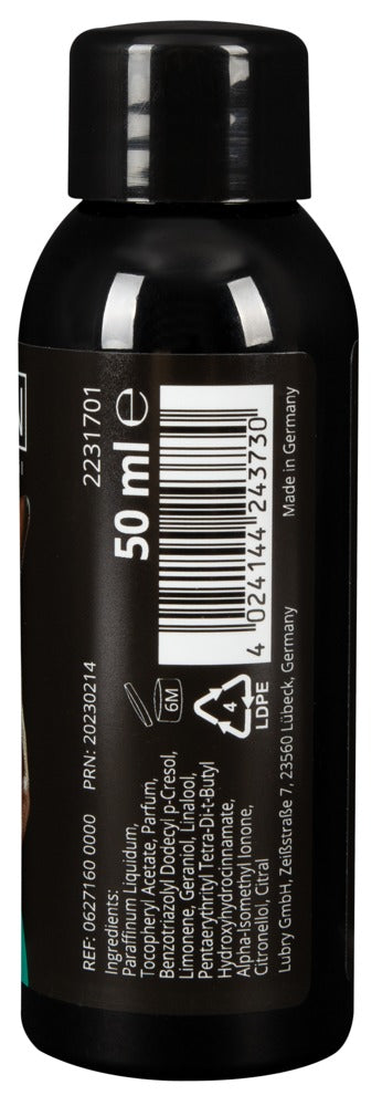 Magoon Love Fantasy Massageöl Verpackungsdetails mit Inhaltsstoffen und Barcode, pflegendes Massageöl aus Deutschland
