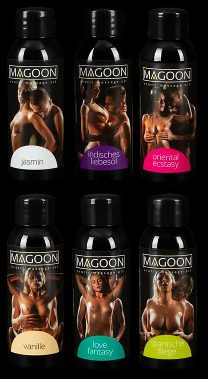 Magoon Massageöl Set mit 6 Duftsorten in Flaschen für sinnliche Wellness Momente
