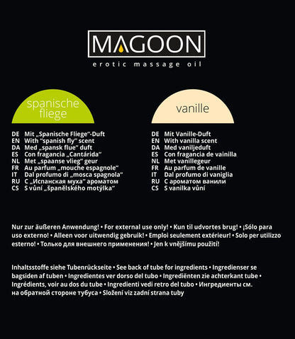 Magoon Massageöl 6er Set Verpackung Rückseite mit Inhaltsstoffen und Produktinformationen