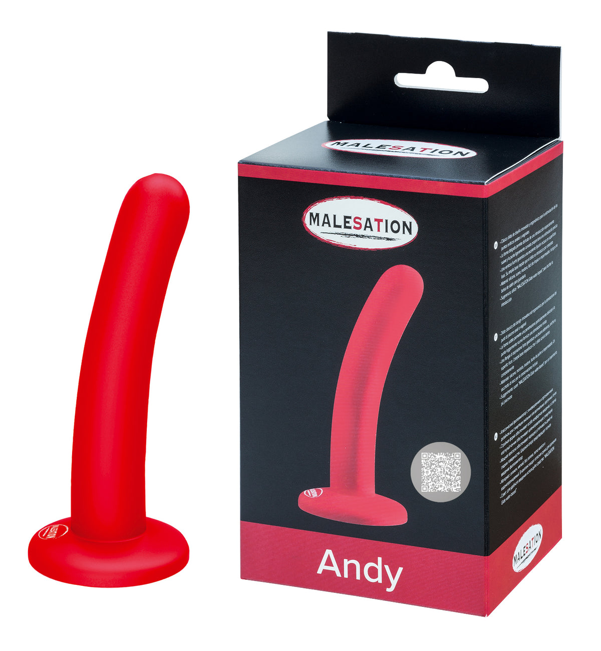 MALESATION Andy schlanker Silikon-Dildo in Rot mit Saugfuß und Produktverpackung