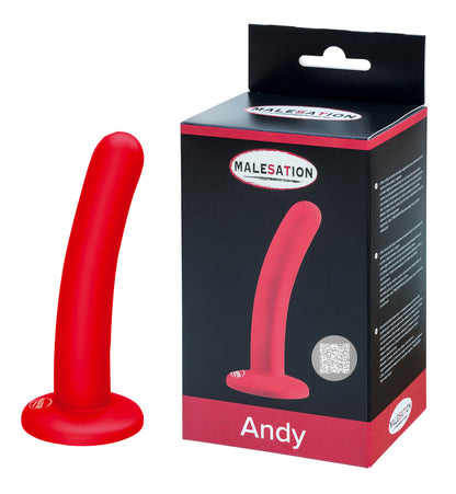 MALESATION Andy schlanker Silikon-Dildo in Rot mit Saugfuß und Produktverpackung