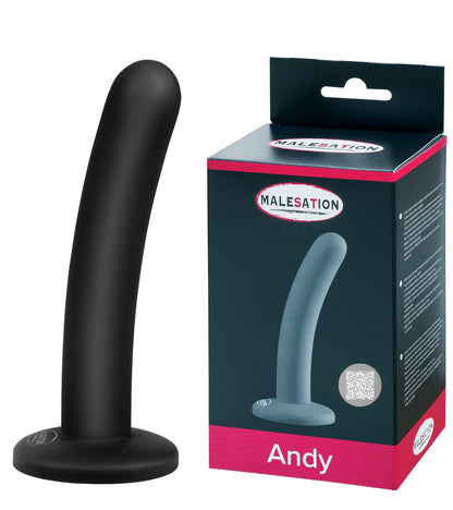 MALESATION Andy schlanker Silikon-Dildo in Schwarz mit Saugfuß und Produktverpackung
