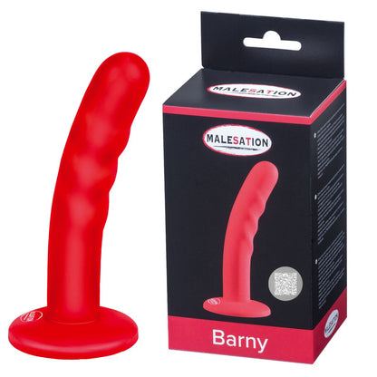 MALESATION Barny ergonomischer Silikon-Dildo in Rot mit Saugfuß und Produktverpackung