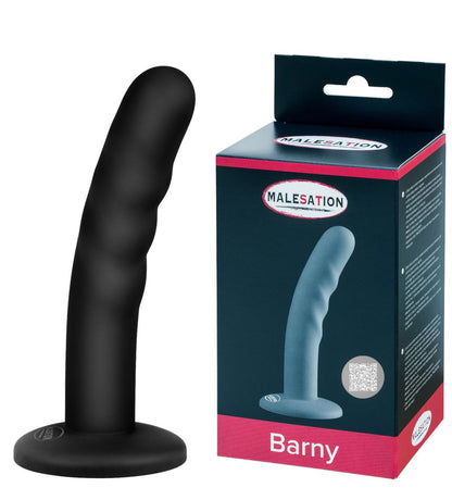 MALESATION Barny ergonomischer Silikon-Dildo in Schwarz mit Saugfuß und Produktverpackung