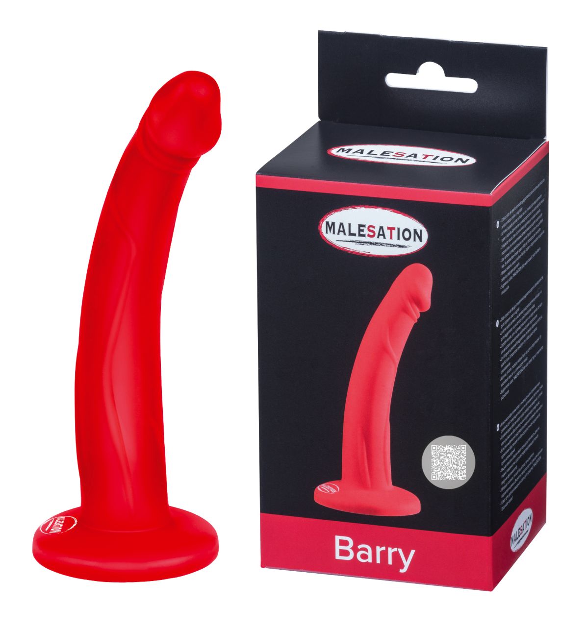 MALESATION Barry geschwungener Silikon-Dildo in Rot mit Saugfuß und Produktverpackung