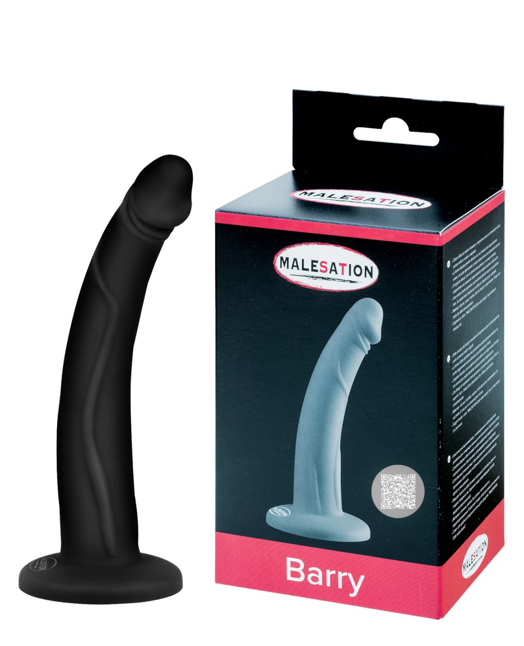 MALESATION Barry geschwungener Silikon-Dildo in Schwarz mit Saugfuß und Produktverpackung