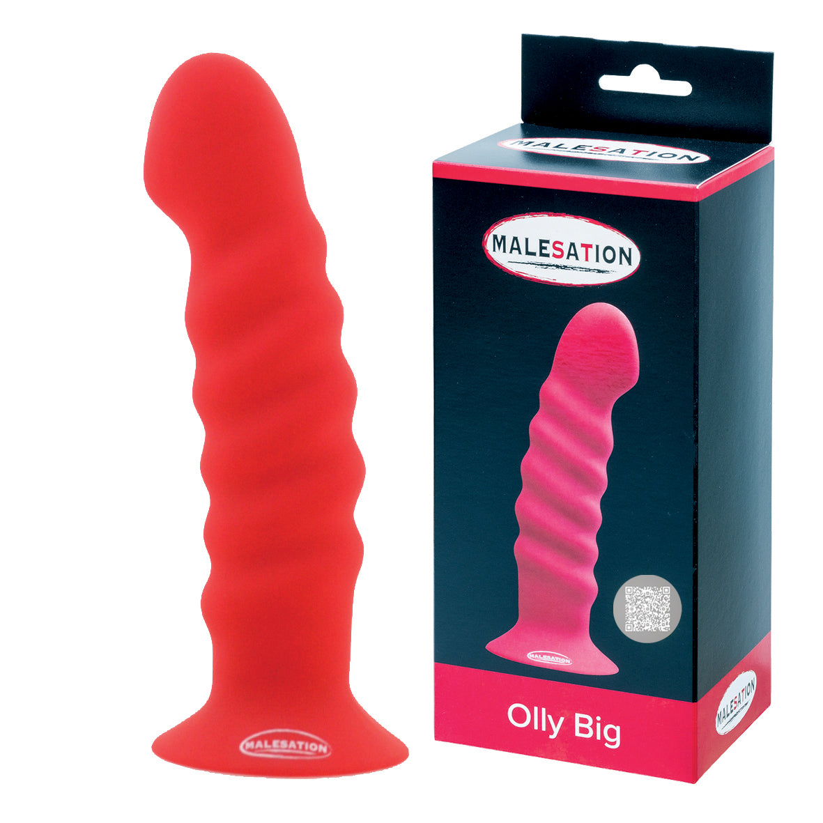 MALESATION Olly Big Silikon-Dildo in Rot mit Saugfuß und Produktverpackung