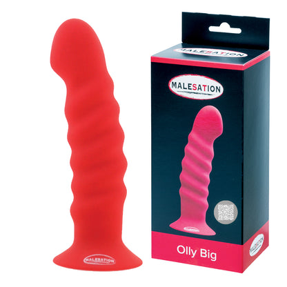 MALESATION Olly Big Silikon-Dildo in Rot mit Saugfuß und Produktverpackung