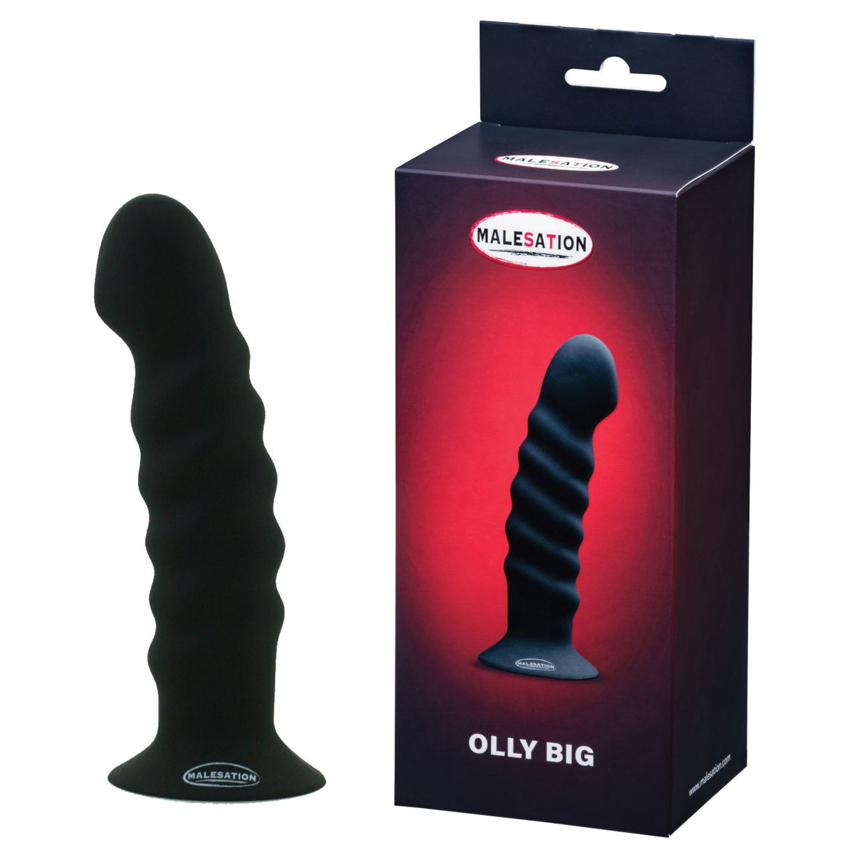 MALESATION Olly Big Silikon-Dildo in Schwarz mit strukturierter Form, Saugfuß und Produktverpackung