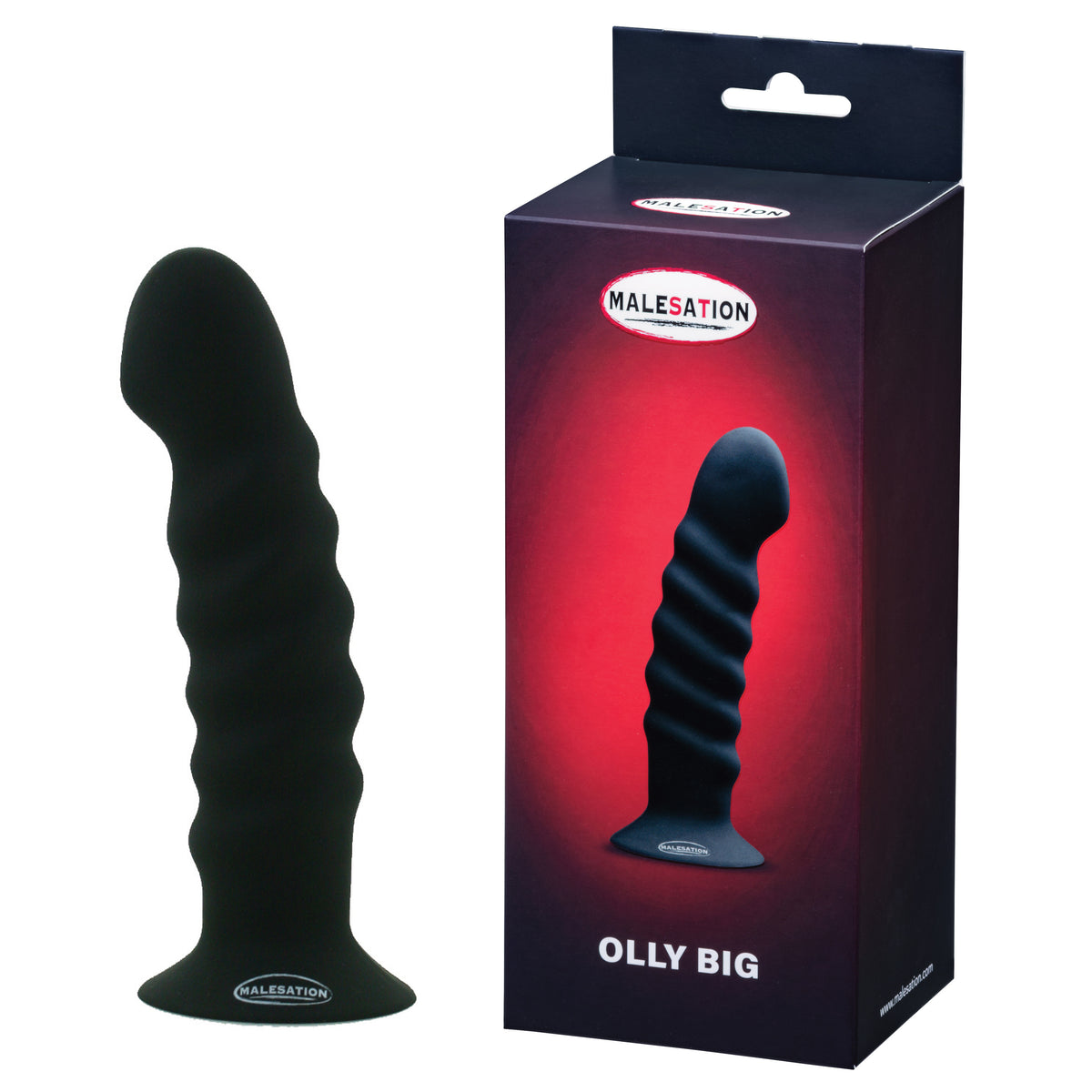 MALESATION Olly Big Silikon-Dildo in Schwarz neben der Produktverpackung