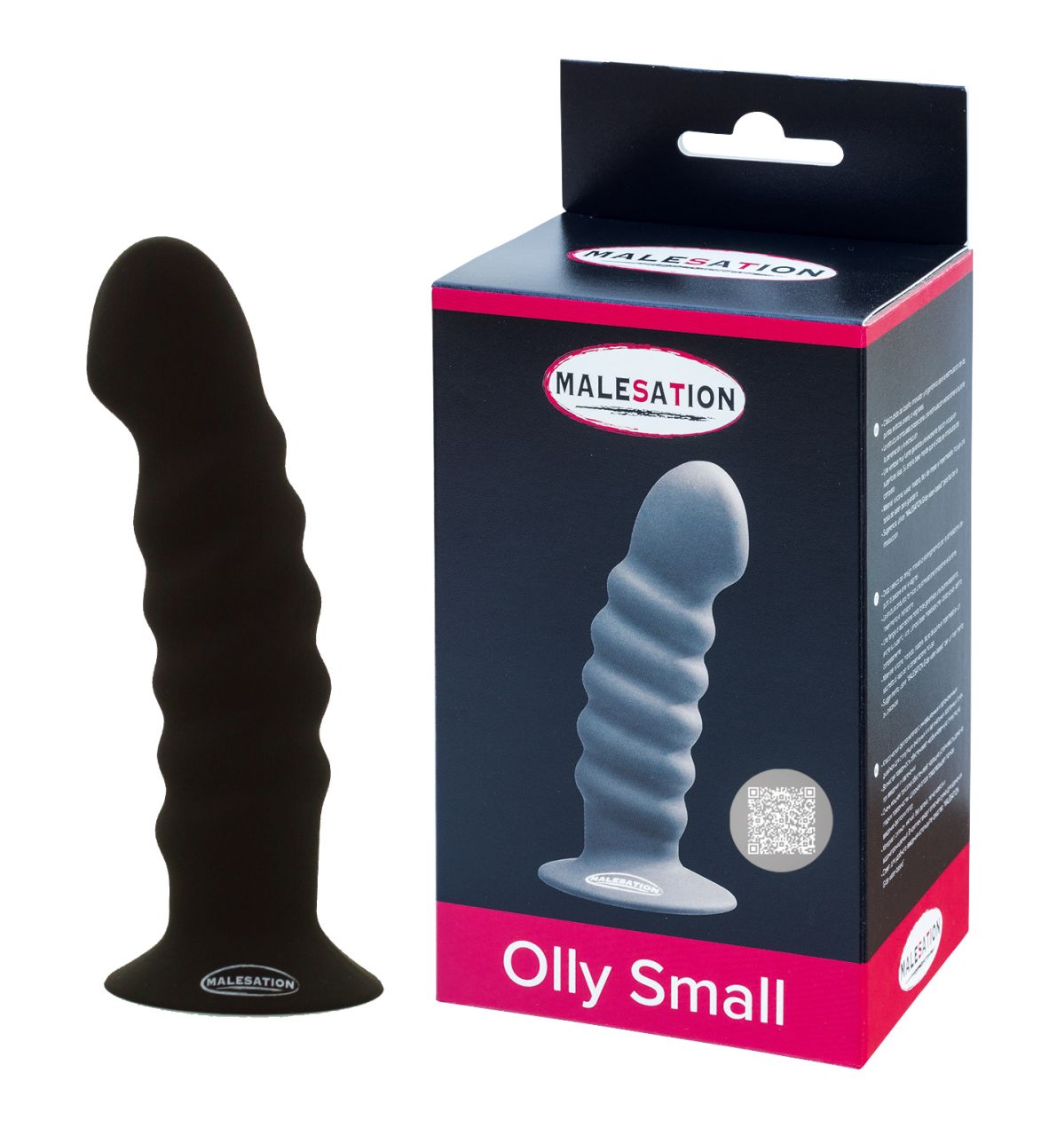 MALESATION Olly Small Silikon-Dildo in Schwarz mit Saugfuß und Produktverpackung