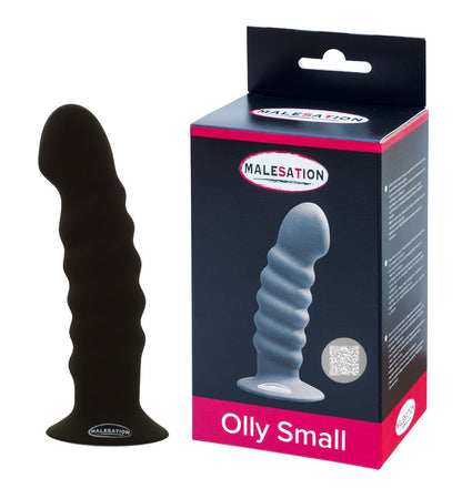 MALESATION Olly Small Silikon-Dildo in Schwarz mit Saugfuß und Produktverpackung
