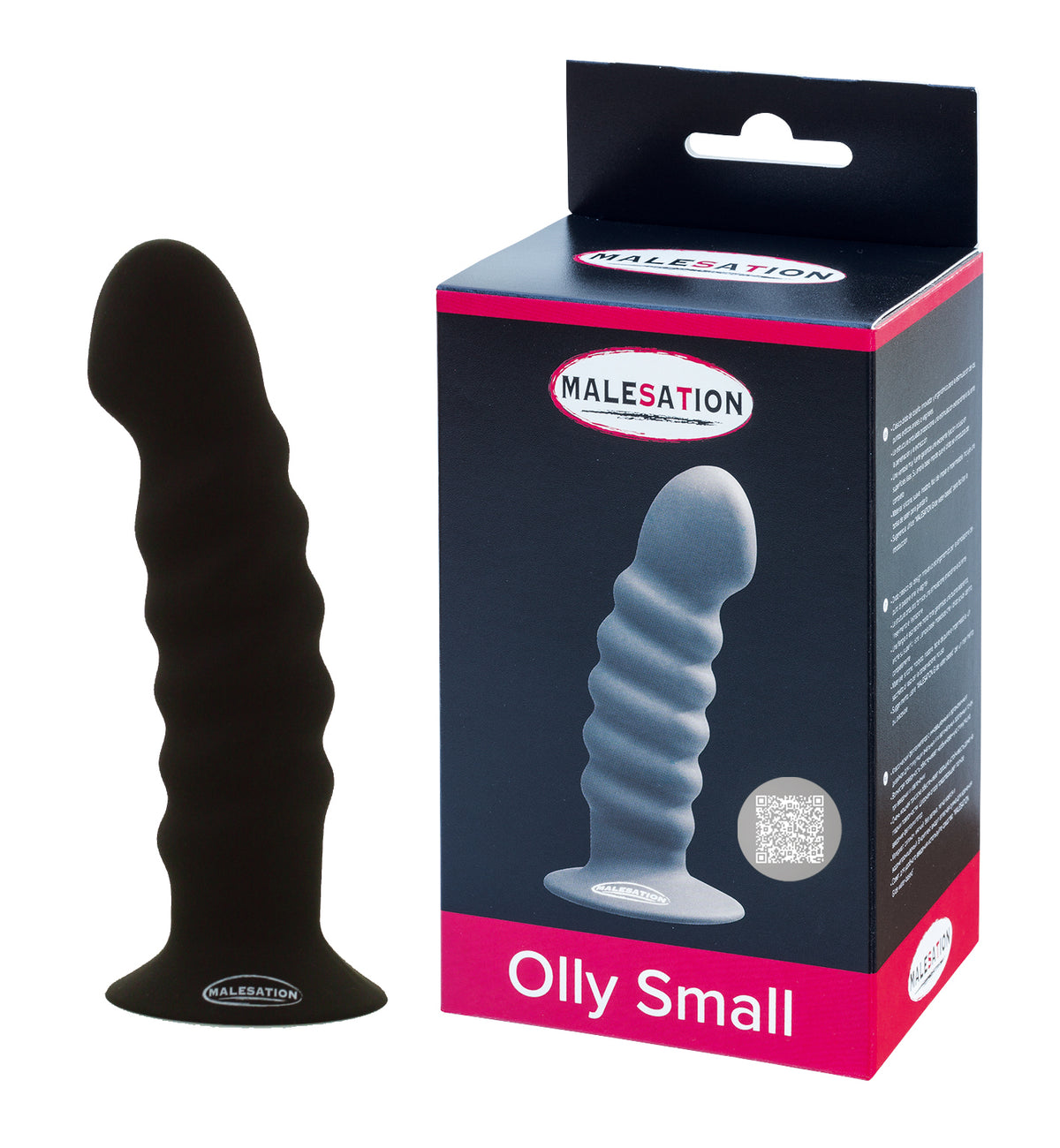 MALESATION Olly Small Silikon-Dildo in Schwarz mit Saugfuß und Produktverpackung