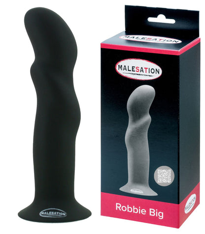 MALESATION Robbie Big Silikon-Dildo in Schwarz mit Saugfuß und Produktverpackung