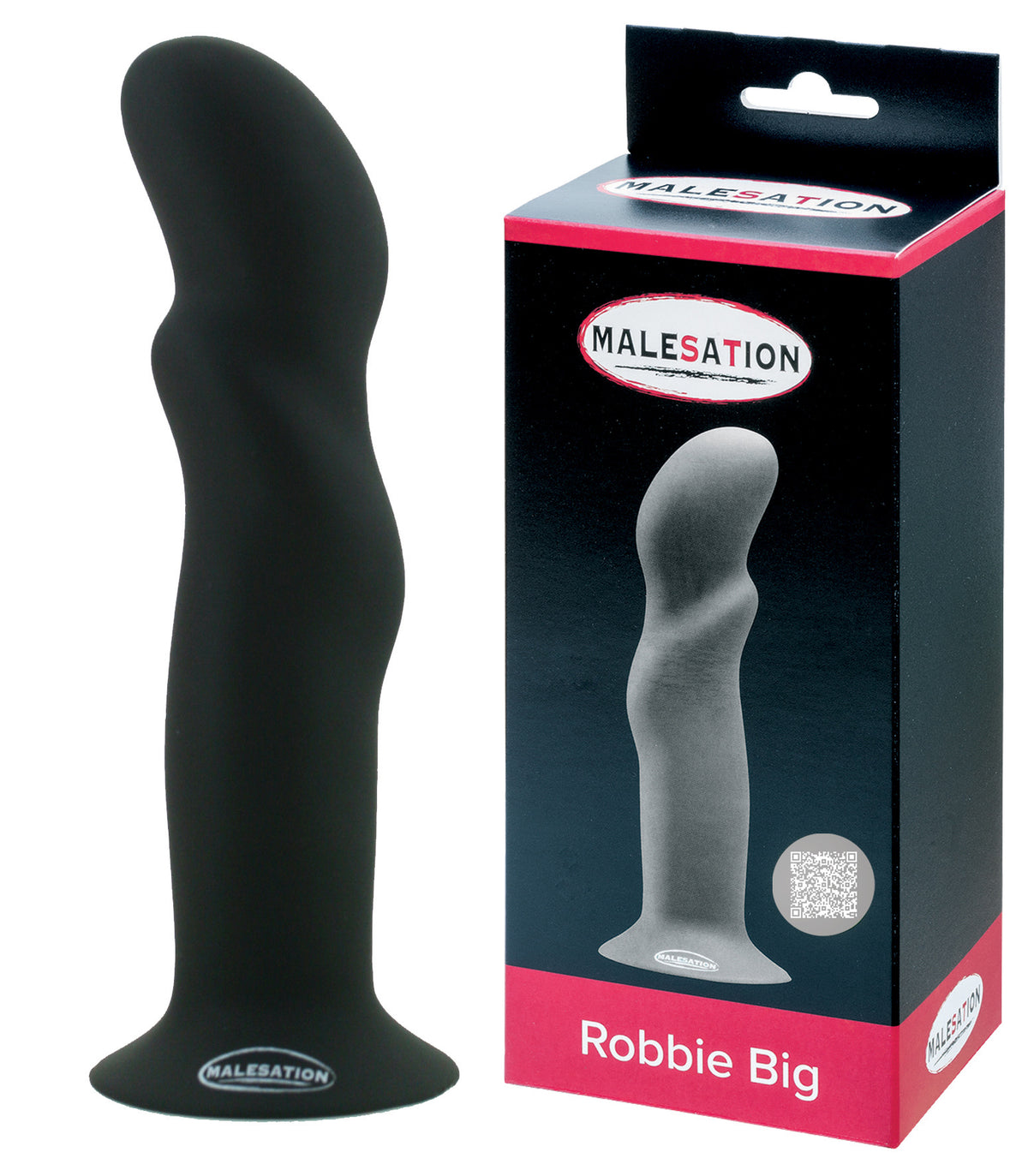 MALESATION Robbie Big Silikon-Dildo in Schwarz neben der Produktverpackung