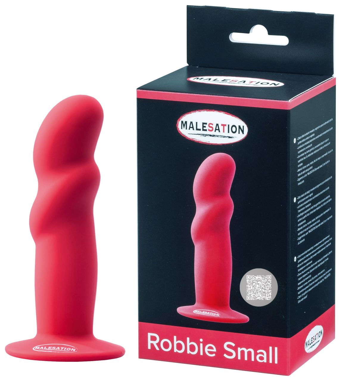MALESATION Robbie Small Silikon-Dildo in Rot mit Saugfuß und Produktverpackung