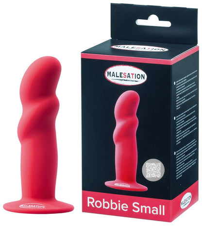 MALESATION Robbie Small Silikon-Dildo in Rot mit Saugfuß und Produktverpackung