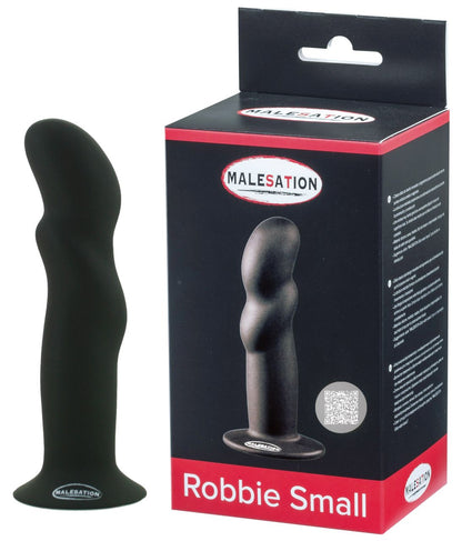 MALESATION Robbie Small Silikon-Dildo in Schwarz mit Saugfuß und Produktverpackung