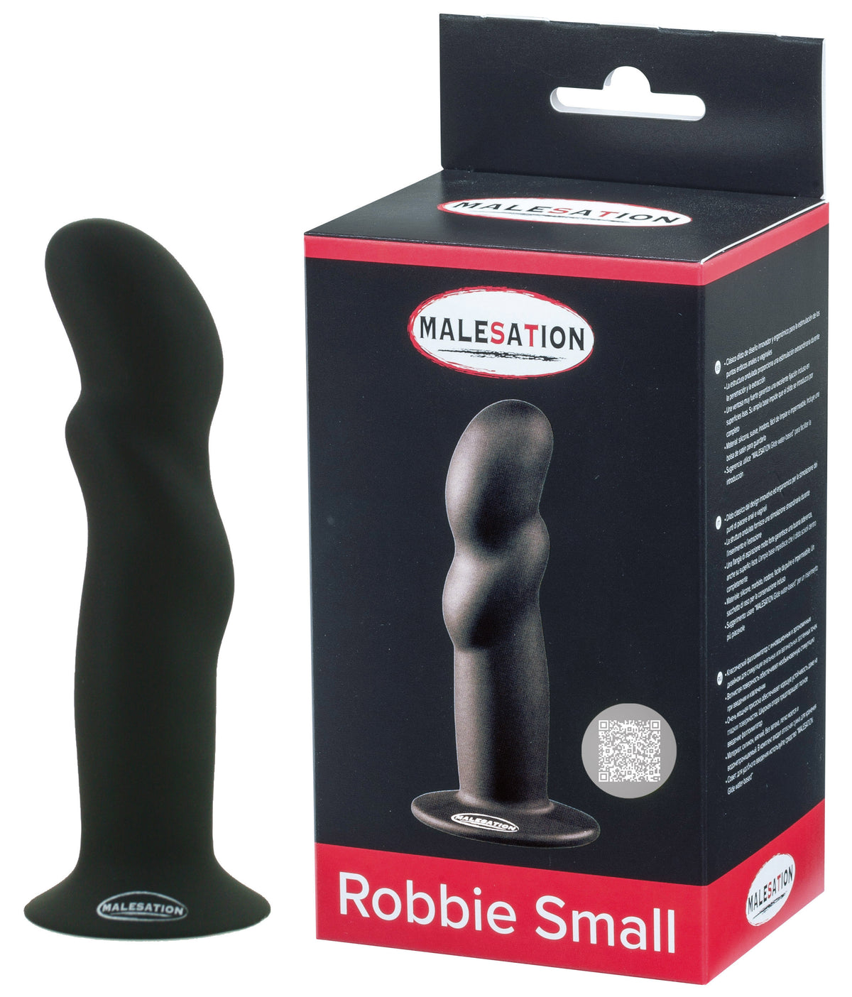 MALESATION Robbie Small Silikon-Dildo in Schwarz neben der Produktverpackung