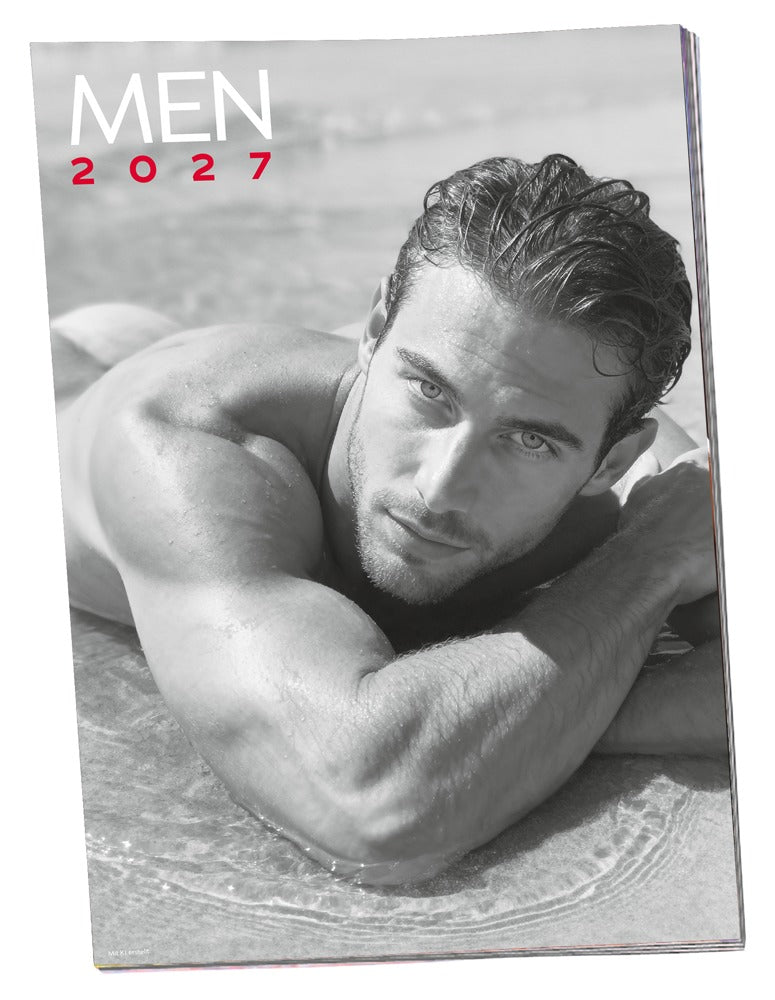 Cover des Men 2027 Pin-up Kalenders mit männlichem Model in ästhetischer Schwarzweißfotografie