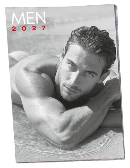Cover des Men 2027 Pin-up Kalenders mit männlichem Model in ästhetischer Schwarzweißfotografie