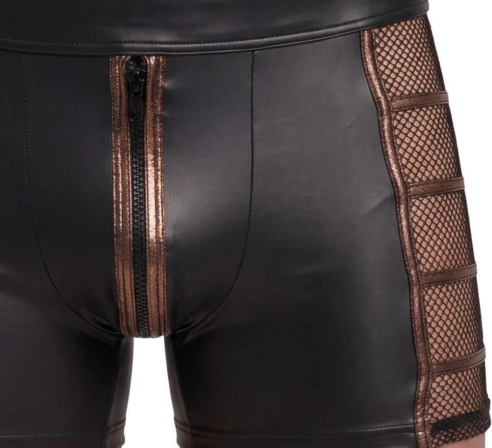 Detailansicht der NEK Herren-Pants mit schwarzem Wetlook, bronzefarbenem Front-Reißverschluss und seitlichem Netz