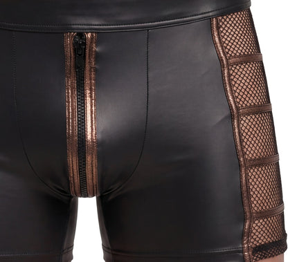 Detailansicht der NEK Herren-Pants mit schwarzem Wetlook, bronzefarbenem Front-Reißverschluss und seitlichem Netz