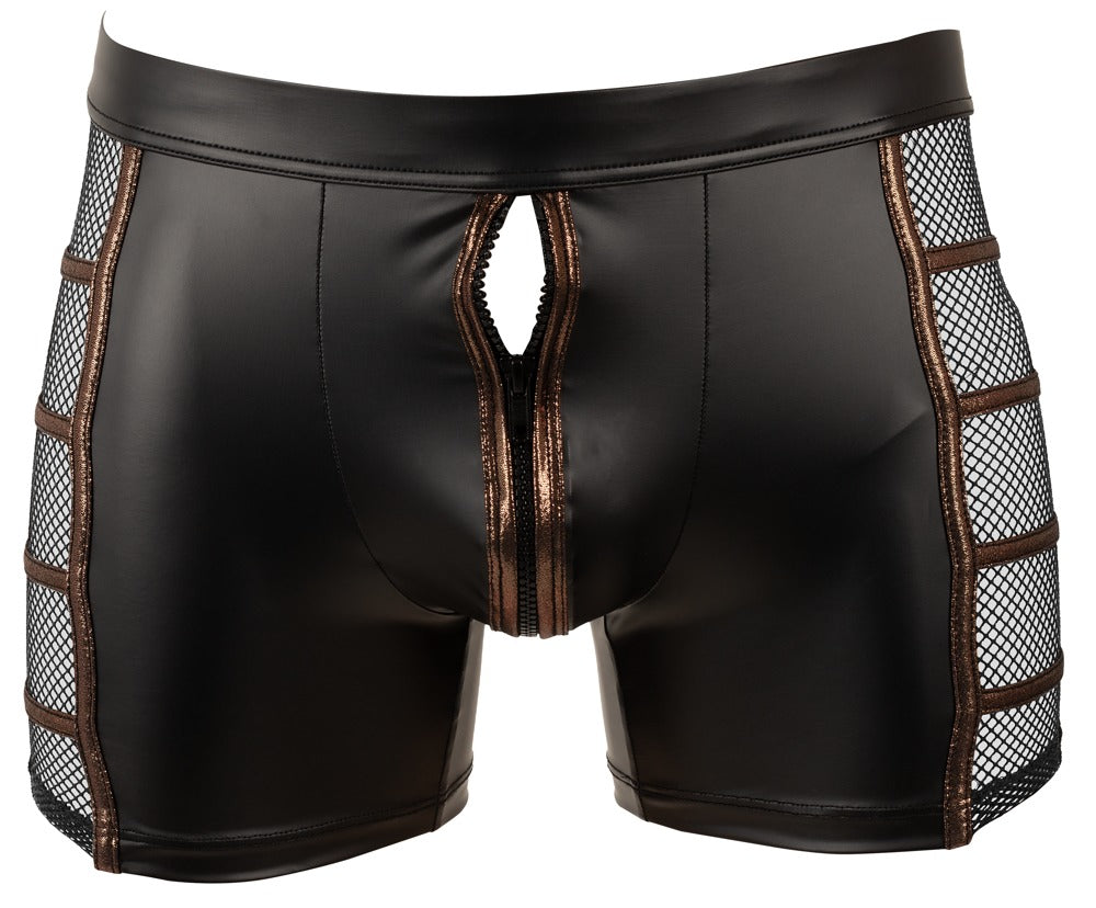 Frontansicht der NEK Wetlook-Pants mit bronzefarben paspeliertem Reißverschluss und körperbetontem Schnitt