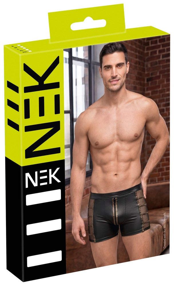 Verpackung der NEK Herren-Pants im schwarzen Wetlook mit Netz-Einsätzen und Bronze-Details