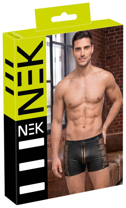Verpackung der NEK Herren-Pants im schwarzen Wetlook mit Netz-Einsätzen und Bronze-Details