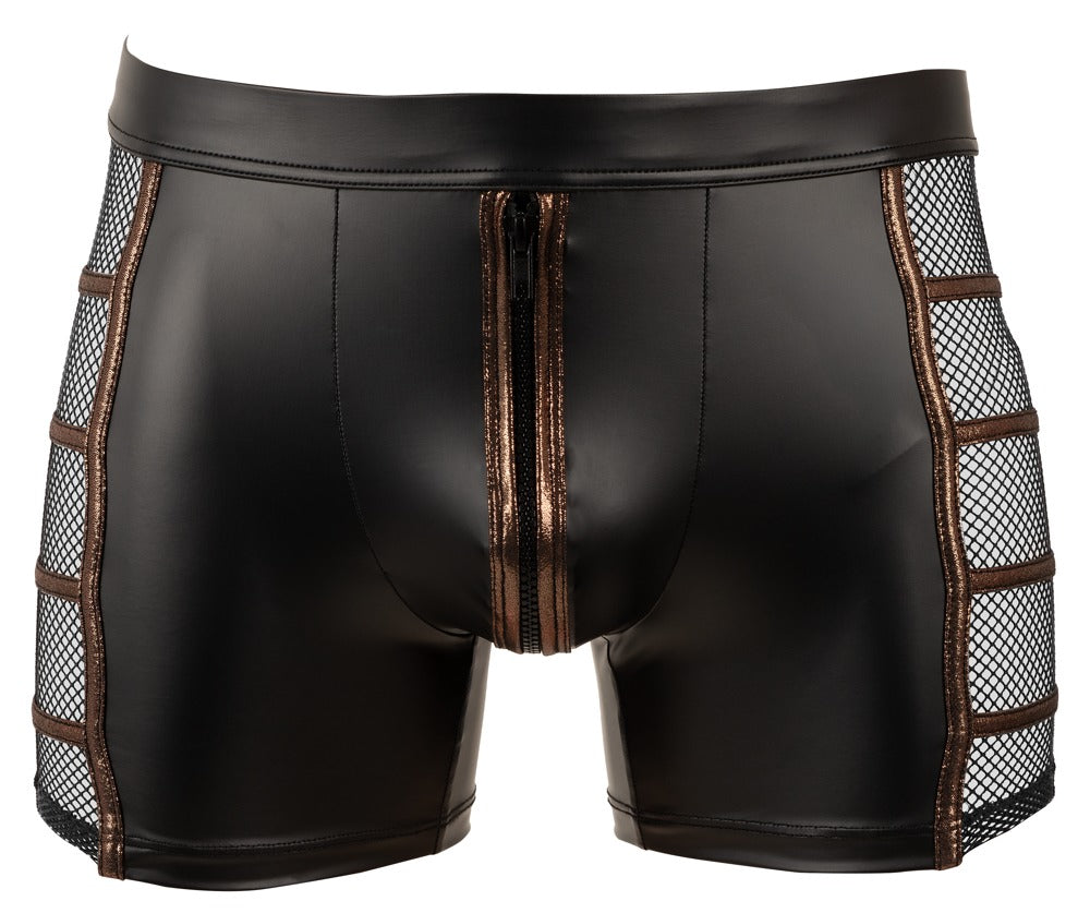 Vorderansicht der schwarzen NEK Herren-Pants im Wetlook mit Front-Zip und seitlichen Netz-Einsätzen