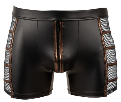 Vorderansicht der schwarzen NEK Herren-Pants im Wetlook mit Front-Zip und seitlichen Netz-Einsätzen