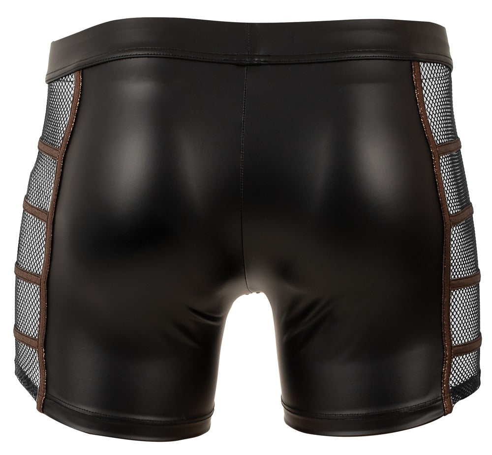 Rückansicht der schwarzen NEK Herren-Pants mit körperbetontem Wetlook-Schnitt und seitlichen Netz-Einsätzen