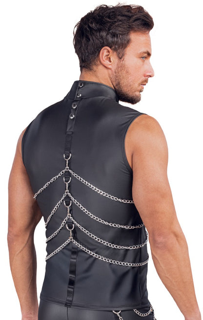 Rückansicht des ärmellosen NEK Herren-Shirts am Model mit Stehkragen, Ringen und Karabinerketten
