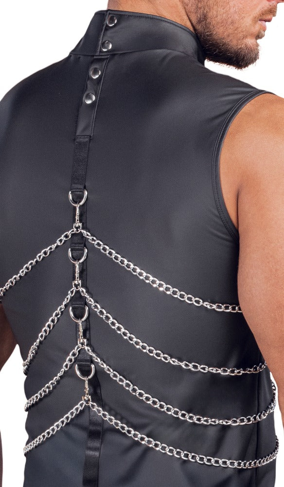 Rückendetail des NEK Herren-Shirts mit schwarzem Mattlook, Befestigungsringen und silberfarbenen Ketten