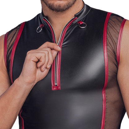 NEK Herren-Shirt in Schwarz-Rot – Front-Zip und Ringdetails am Stehkragen