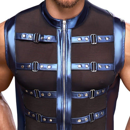 NEK Herren-Shirt im blauen Metallic-Mattlook – Powernet und Nietenriemen im Detail