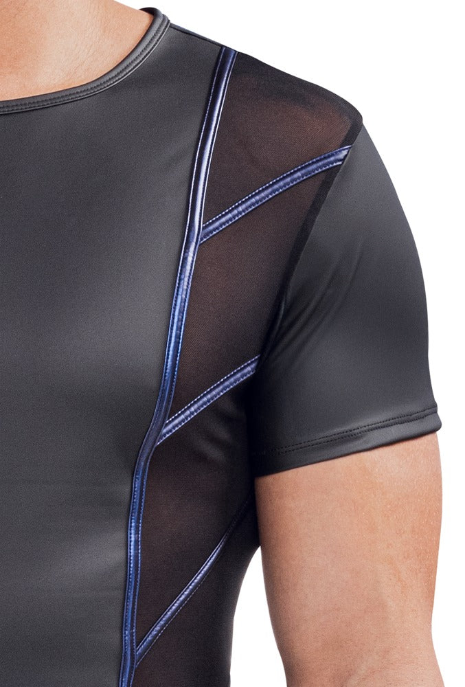 Detail des NEK Herren-Shirts mit schwarzem Mattlook, transparentem Netz und Blue-Metallic-Streifen