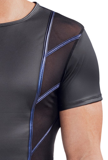 Detail des NEK Herren-Shirts mit schwarzem Mattlook, transparentem Netz und Blue-Metallic-Streifen