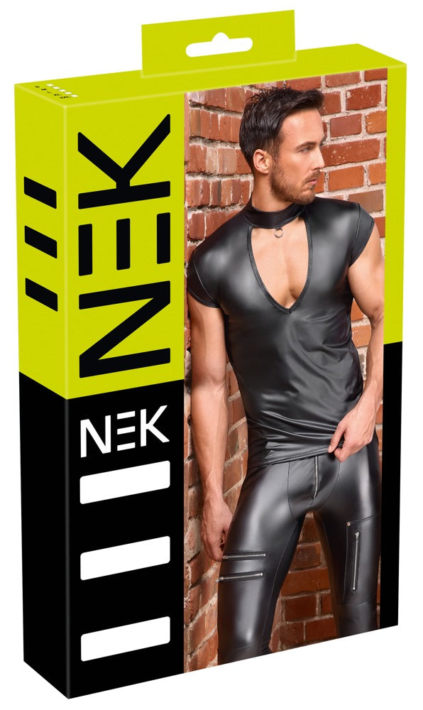 Produktverpackung des schwarzen NEK Mattlook-Shirts mit V-Cut-out und Frontring