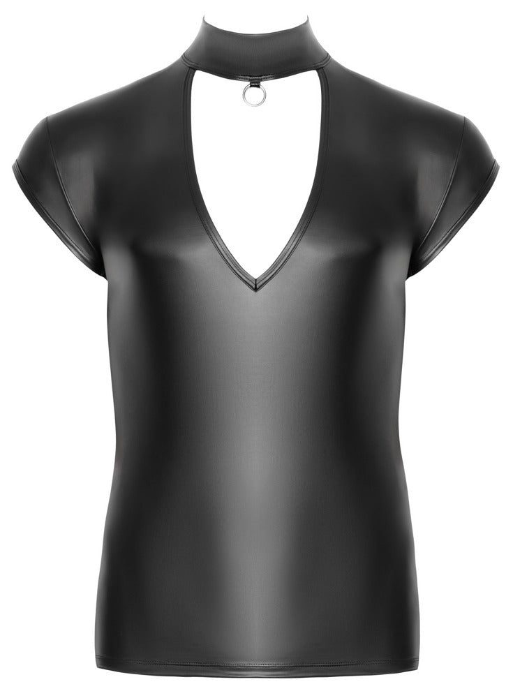 Vorderansicht des schwarzen NEK Mattlook-Shirts mit V-Cut-out und Stehkragen