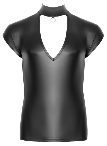 Vorderansicht des schwarzen NEK Mattlook-Shirts mit V-Cut-out und Stehkragen