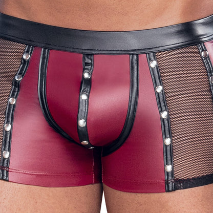 Detailansicht der NEK Pants in Rot-Schwarz mit Mattlook, Netz-Einsätzen, Nieten und Druckknopfleiste