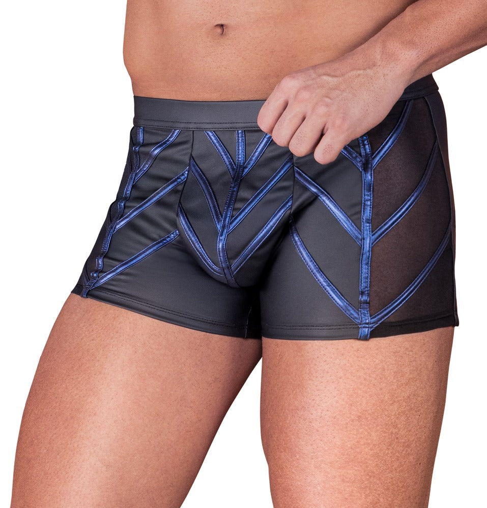 NEK Pants am Model mit schwarzem Mattlook, transparentem Netz und Blue-Metallic-Streifen in Frontansicht