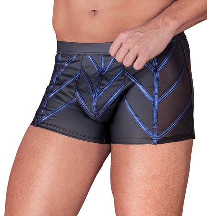 NEK Pants am Model mit schwarzem Mattlook, transparentem Netz und Blue-Metallic-Streifen in Frontansicht