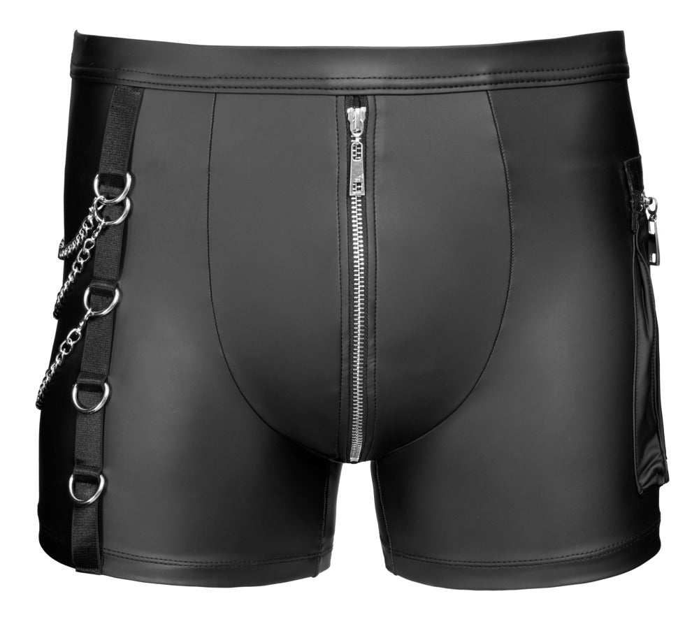 Freigestellte Frontansicht der NEK Herren-Pants im schwarzen Mattlook mit Front-Zip und Ketten