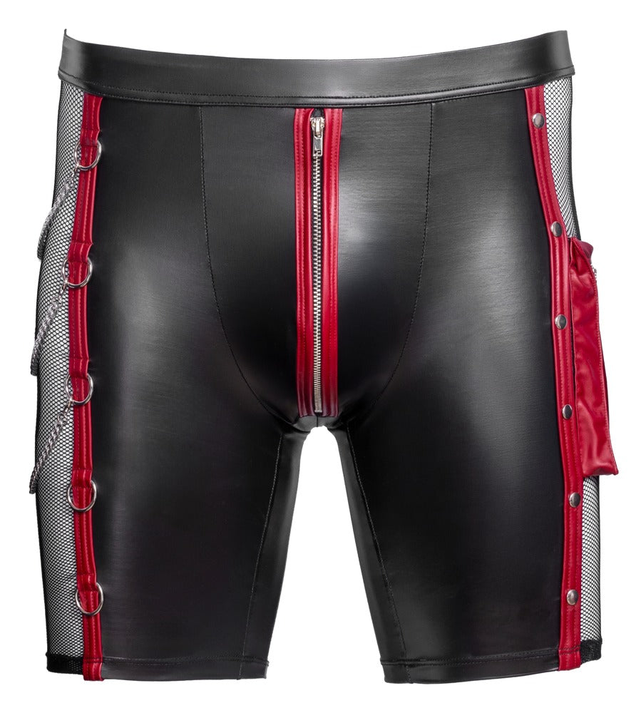 NEK Herren-Pants im schwarzen Mattlook mit roten Details, Netz und Ketten in freigestellter Frontansicht