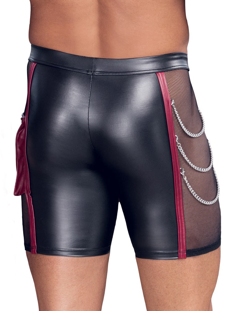 Rückansicht der NEK Pants am Model mit schwarzem Mattlook und seitlichen Karabiner-Ketten