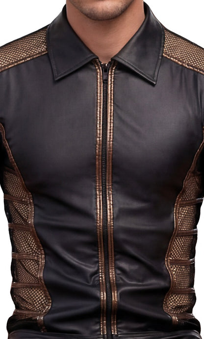 Detail des NEK Wetlook-Halbarm-Shirts in Schwarz mit bronzefarbener Paspelierung, Front-Reißverschluss und Netz-Einsatz